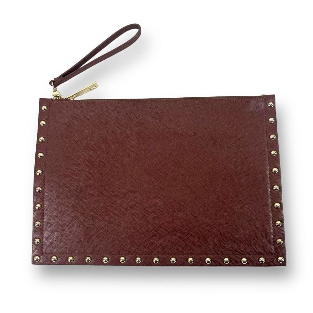 White House Black Market Women's Studded Clutch Brown Faux Leather Wristlet - Picture 1 of 10